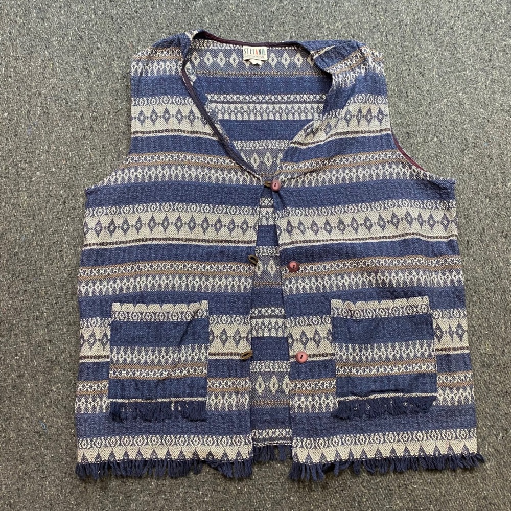 Stefano International Tapestry Vest Sz XL Womens Blue Boho Southwestern Fringe